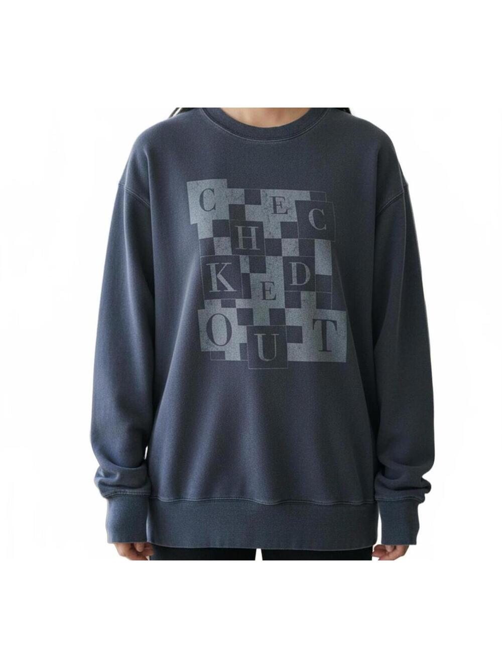 Aerie "Checked Out" Graphic Sweatshirt, Navy Blue. XS